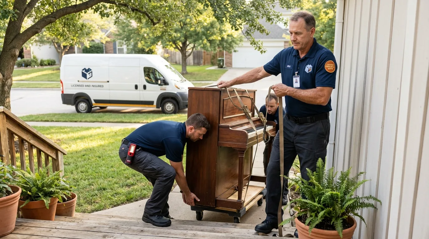 Licensed piano movers securing grand piano in Barrington, NH
