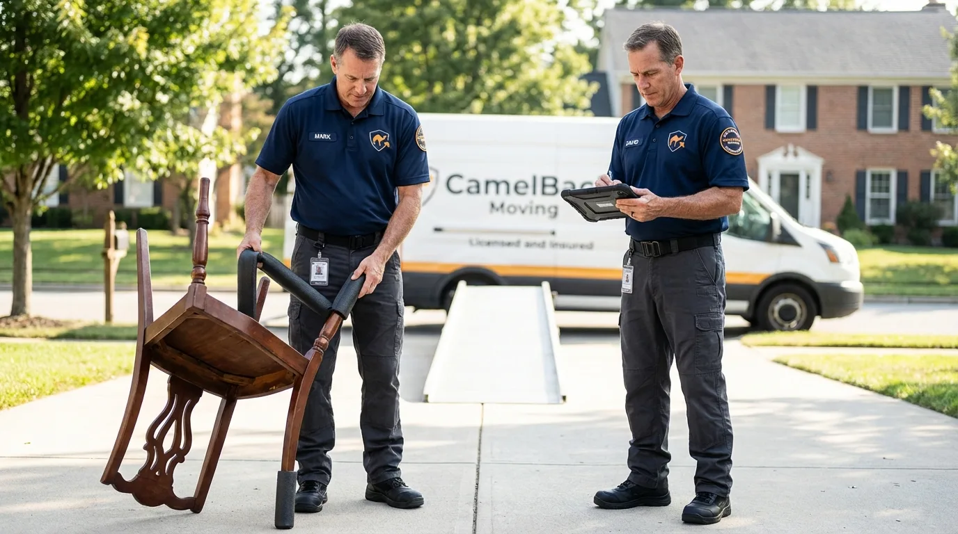 Movers inspecting furniture for damage prevention before loading in Barrington, NH