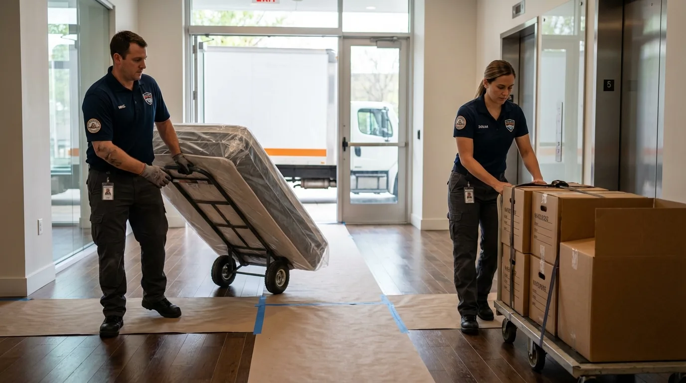 Professional apartment movers loading elevator in Barrington, NH