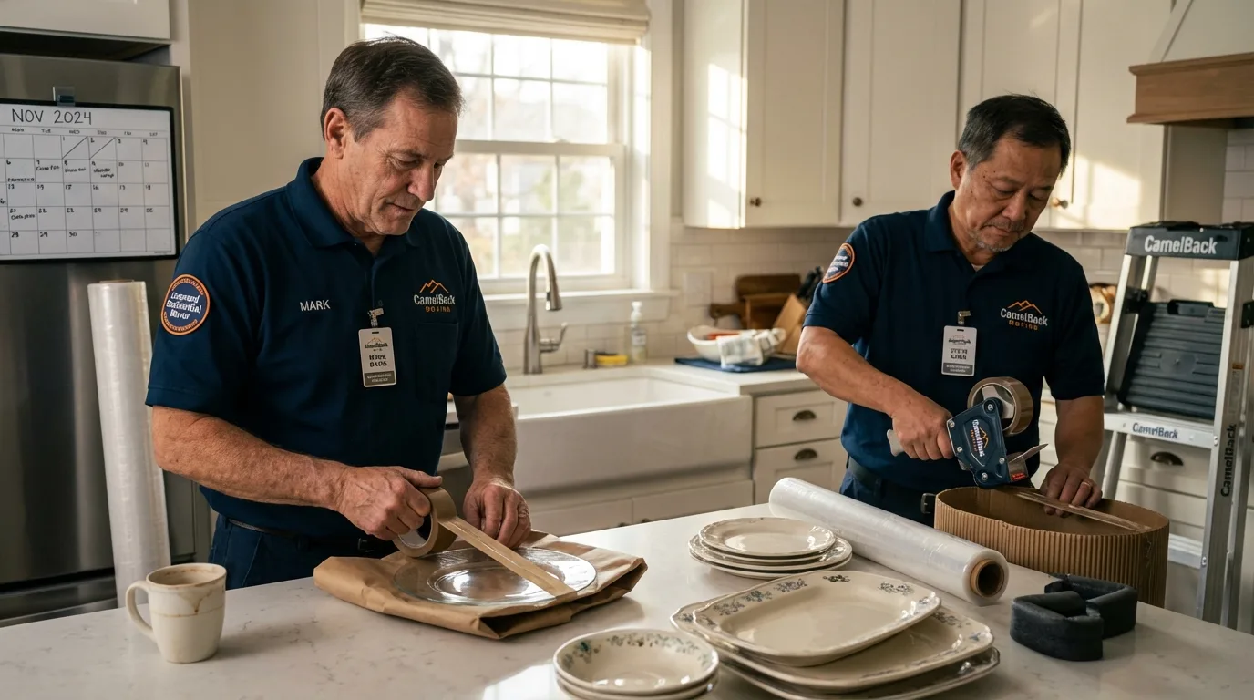 Professional crew packing kitchen dishware in Barrington, NH
